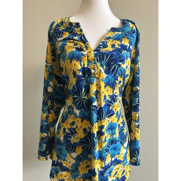 Ava & Grace Tops - Ava & Grace Blouse Blue Yellow Floral Stretch Knit 3/4 Sleeve Popover Top 1X XL